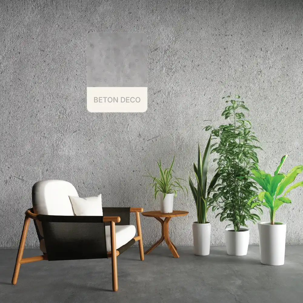 Perete gri cu finisaj Beton Deco într-un living contemporan